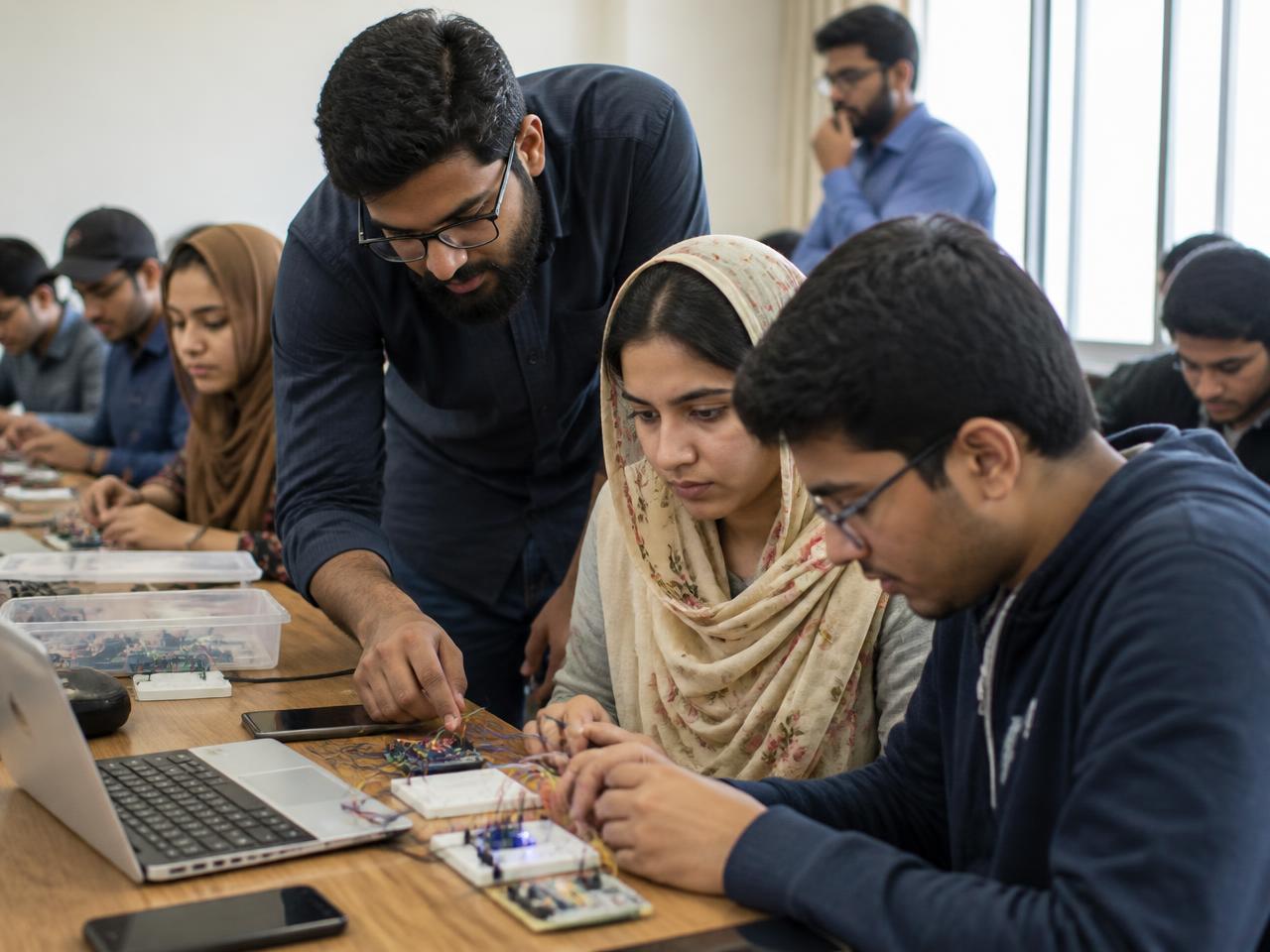 Participants working with a VR headset during a Turab Academy session